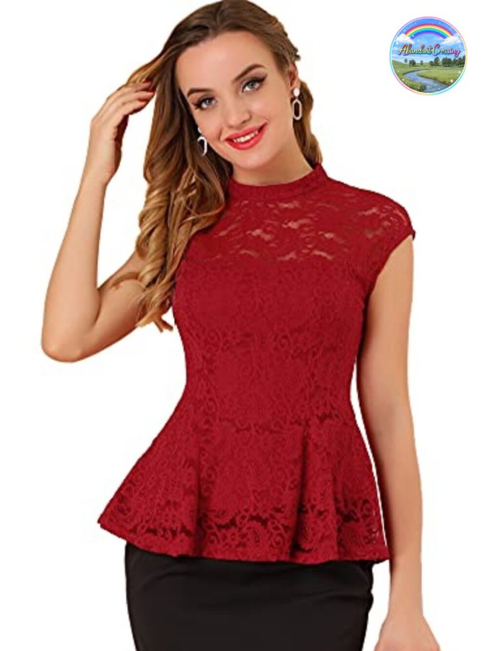 Allegra K Peplum Lace Blouse Mock Neck Crochet Floral Party Top